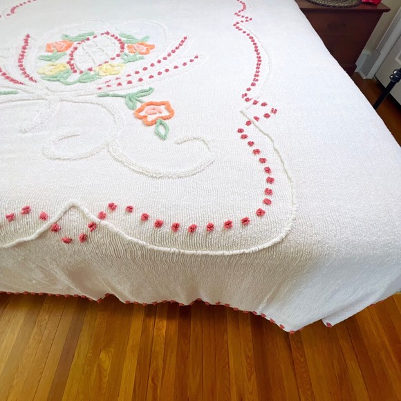 Vintage Chenille Bedspread Blanket Full Queen King Off White 92 x 100 Flowers - Picture 12 of 16